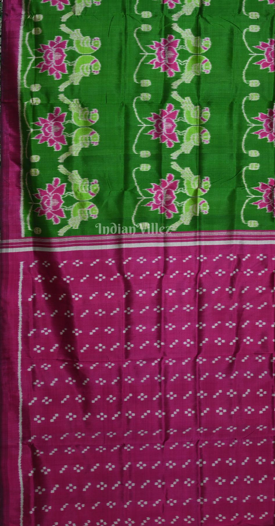 Green Magenta Pink Lotus Parrot  Motif Odisha Ikat Contemporary Designer Silk Saree 