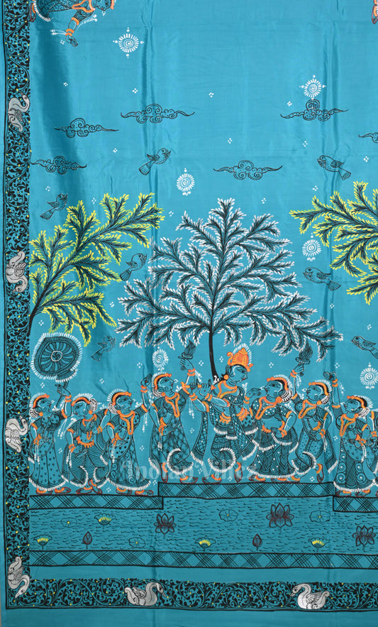 Blue Krishna Raas Leela Hand-Painted Pattachitra Saree