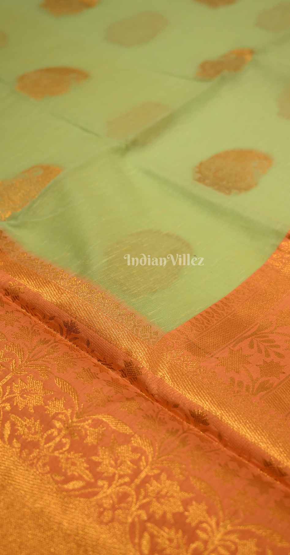 Pista Green Orange Linen with Copper Zari Weaving Saree