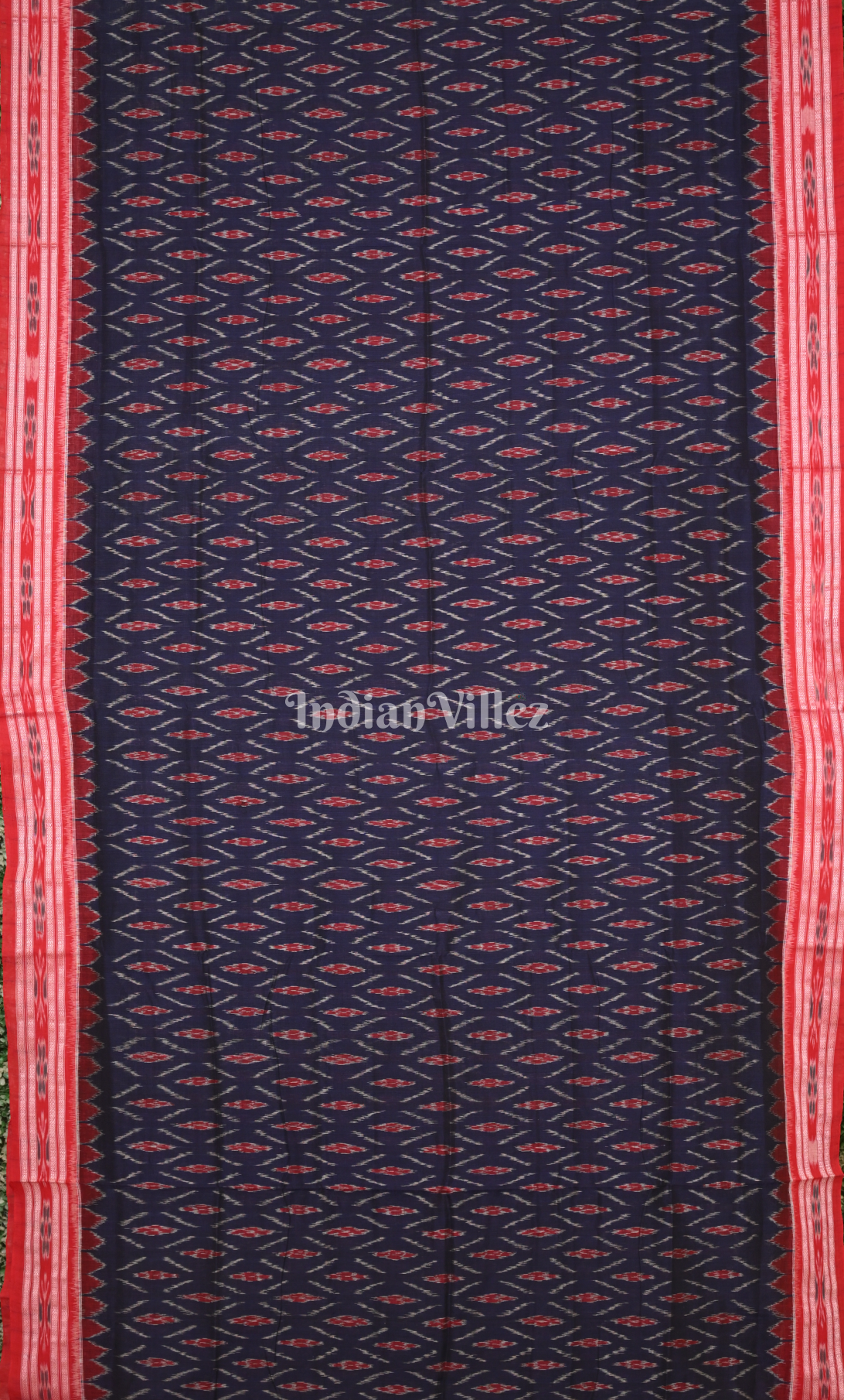 Navy Blue Red Damru Pasapali Odisha Ikat Maniabandha Cotton Saree