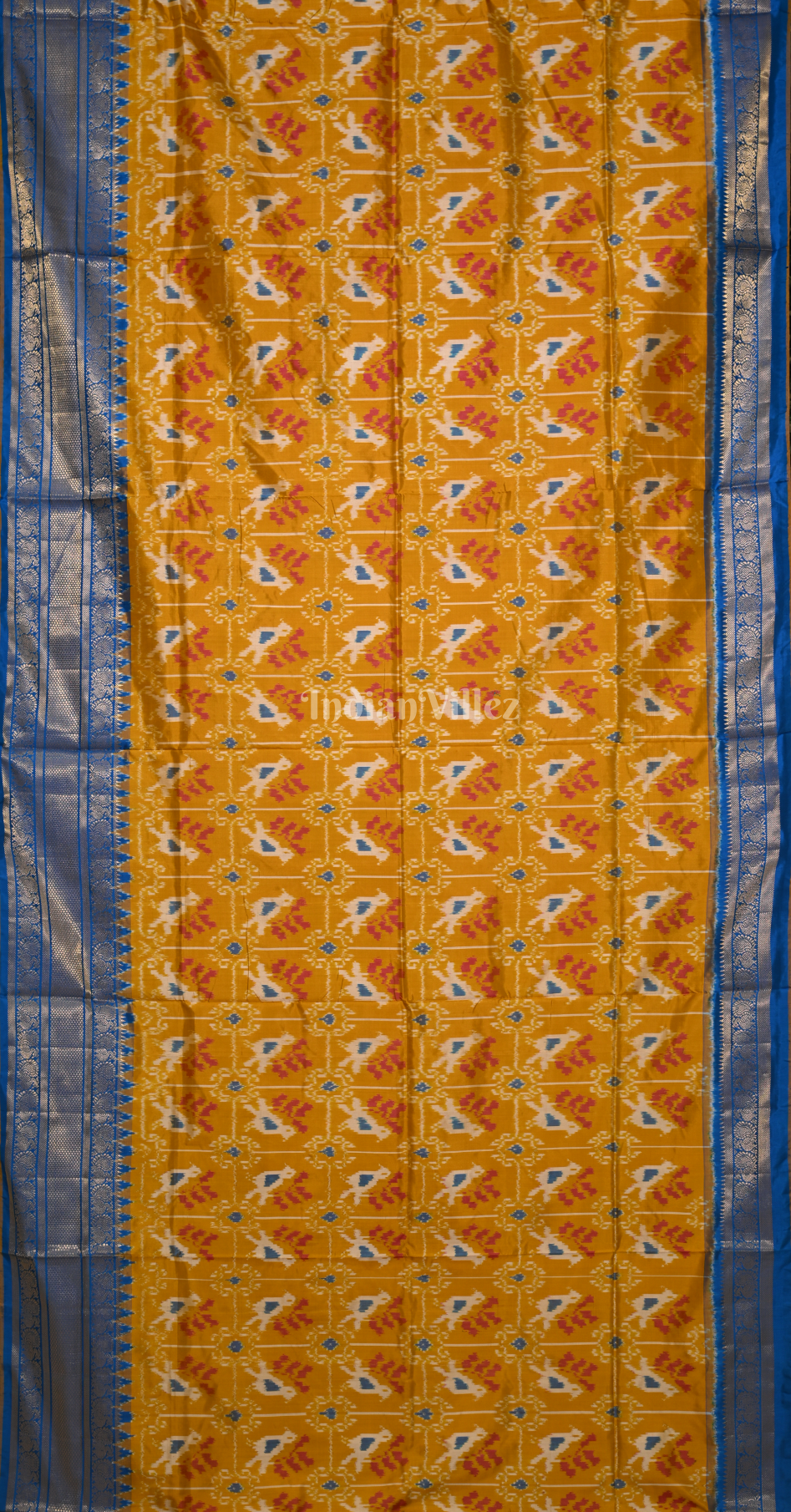 Mustard Yellow Blue Pochampally Ikat Silk Saree