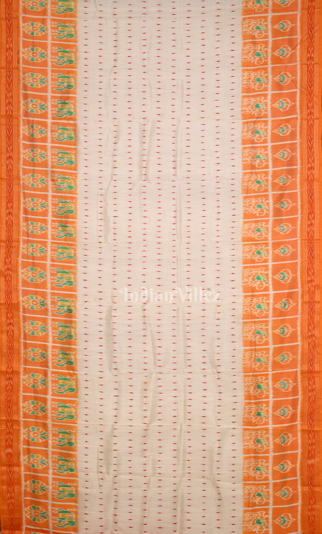 White Orange Dot Half Nabakothi Border Odisha Ikat Khandua Silk Saree 