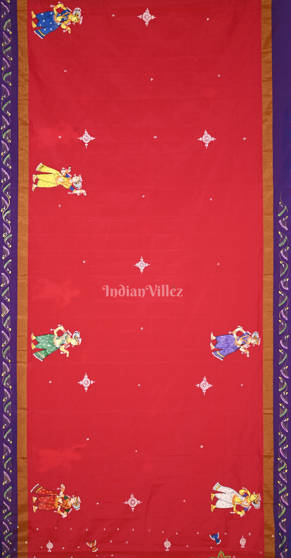 Red Purple Krishna Raas Leela Hand-Painted Pattachitra Saree 