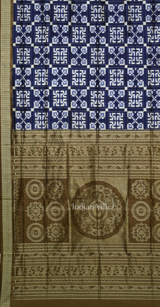 Blue Brown Telia Rumal Theme Odisha Ikat Sambalpuri Silk Saree