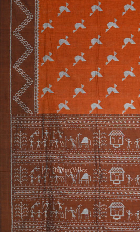 Orange Coffee Butterfly Theme Odisha Ikat Sambalpuri Cotton Saree 