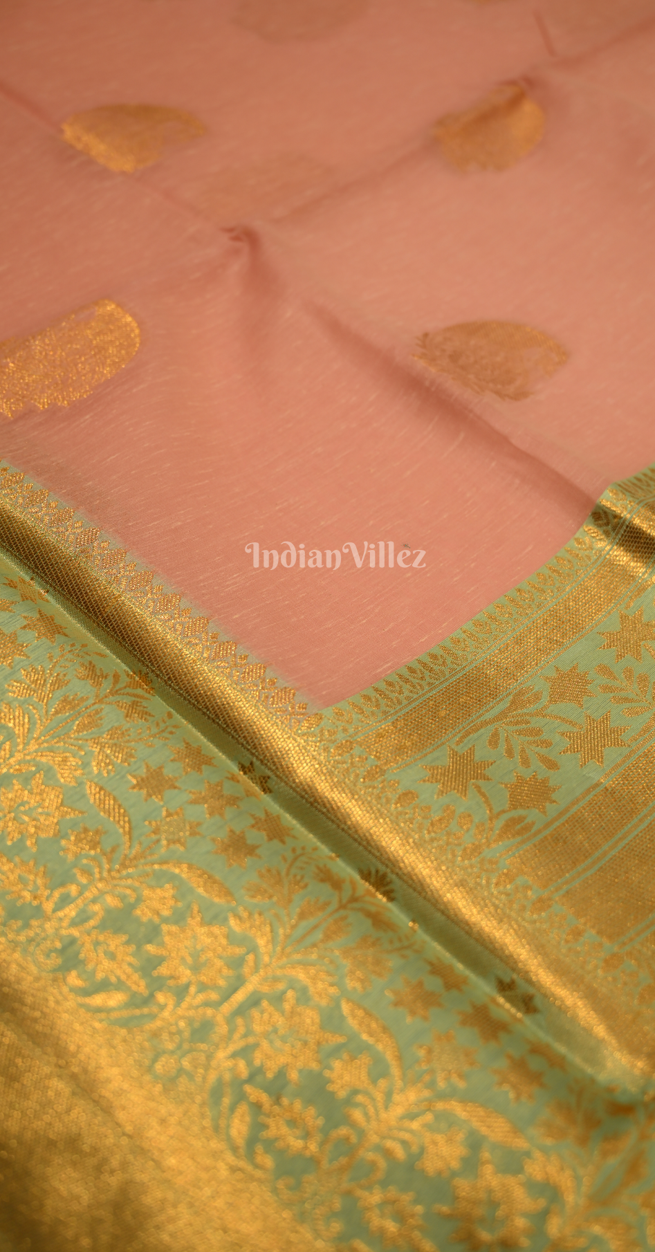Peach Green Linen with Copper Zari Weaving Saree