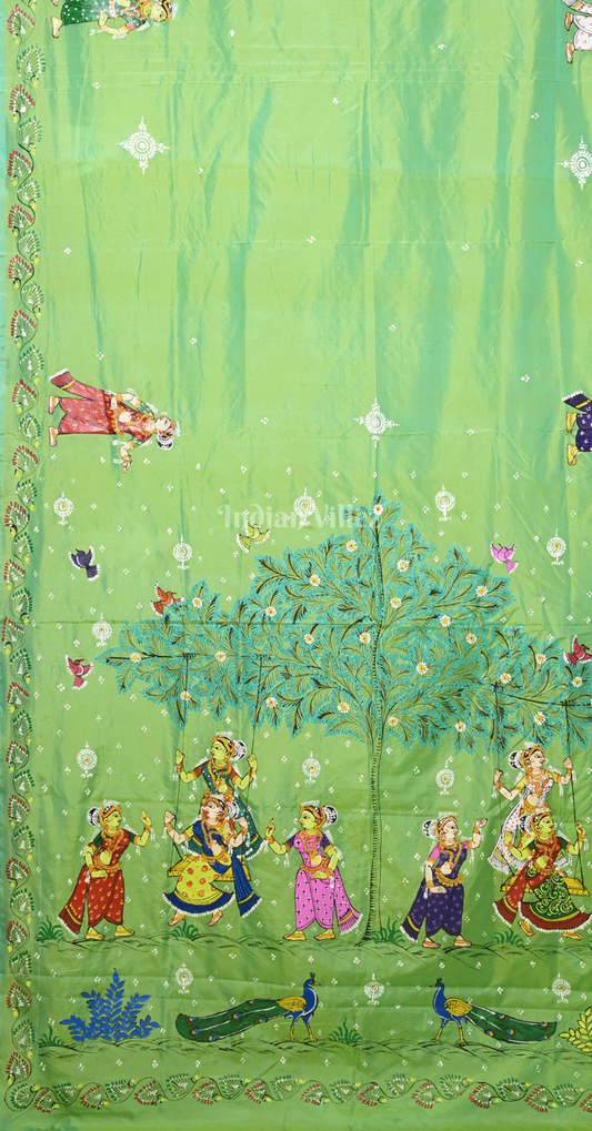 Parrot Green Raja Doli Theme Hand-Painted Pattachitra Saree
