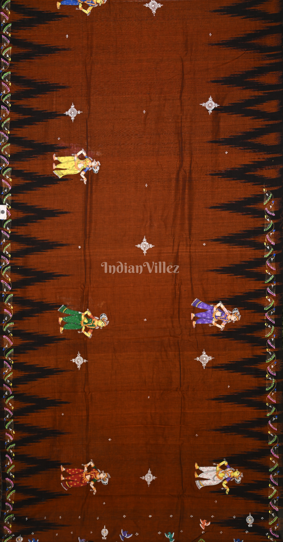 Brown Black Krishna Raas Leela Hand-Painted Pattachitra Saree