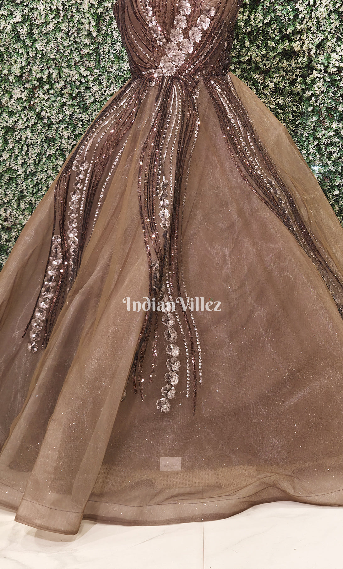 Party Wear Brown Net Indowestern Gown with Sequins Embroidery