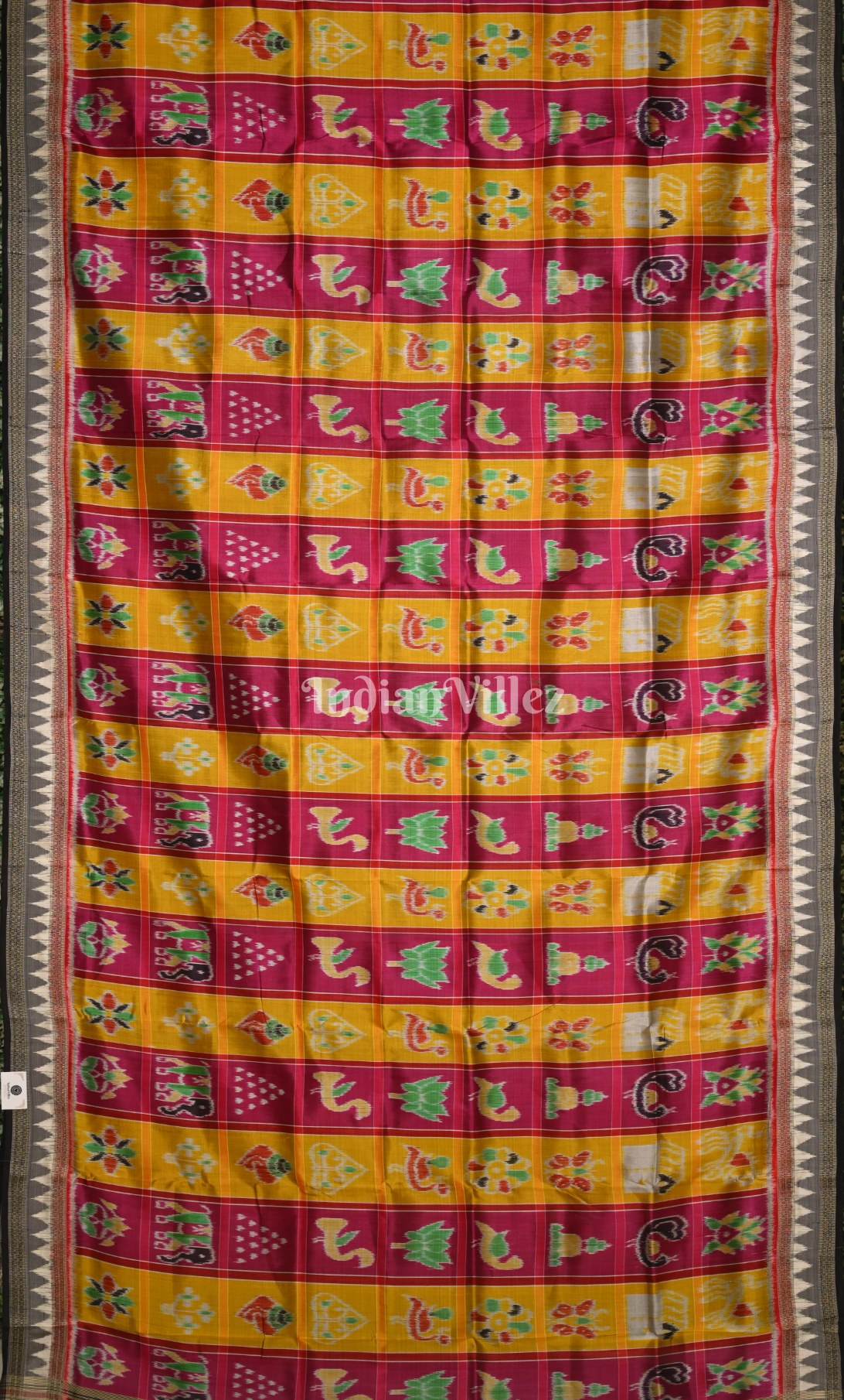 Pink yellow Nabakothi Odisha Ikat Khandua Silk Saree 