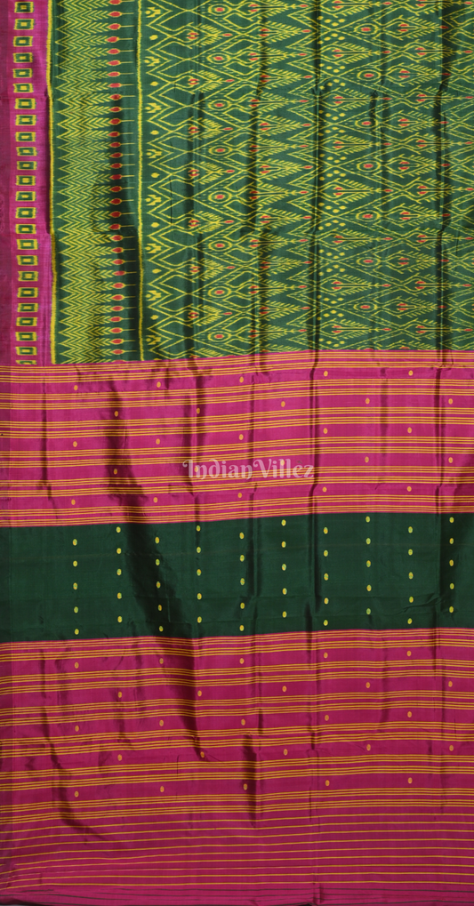 Green Magenta Pink Cambodian Ikat Contemporary Designer Silk Saree 