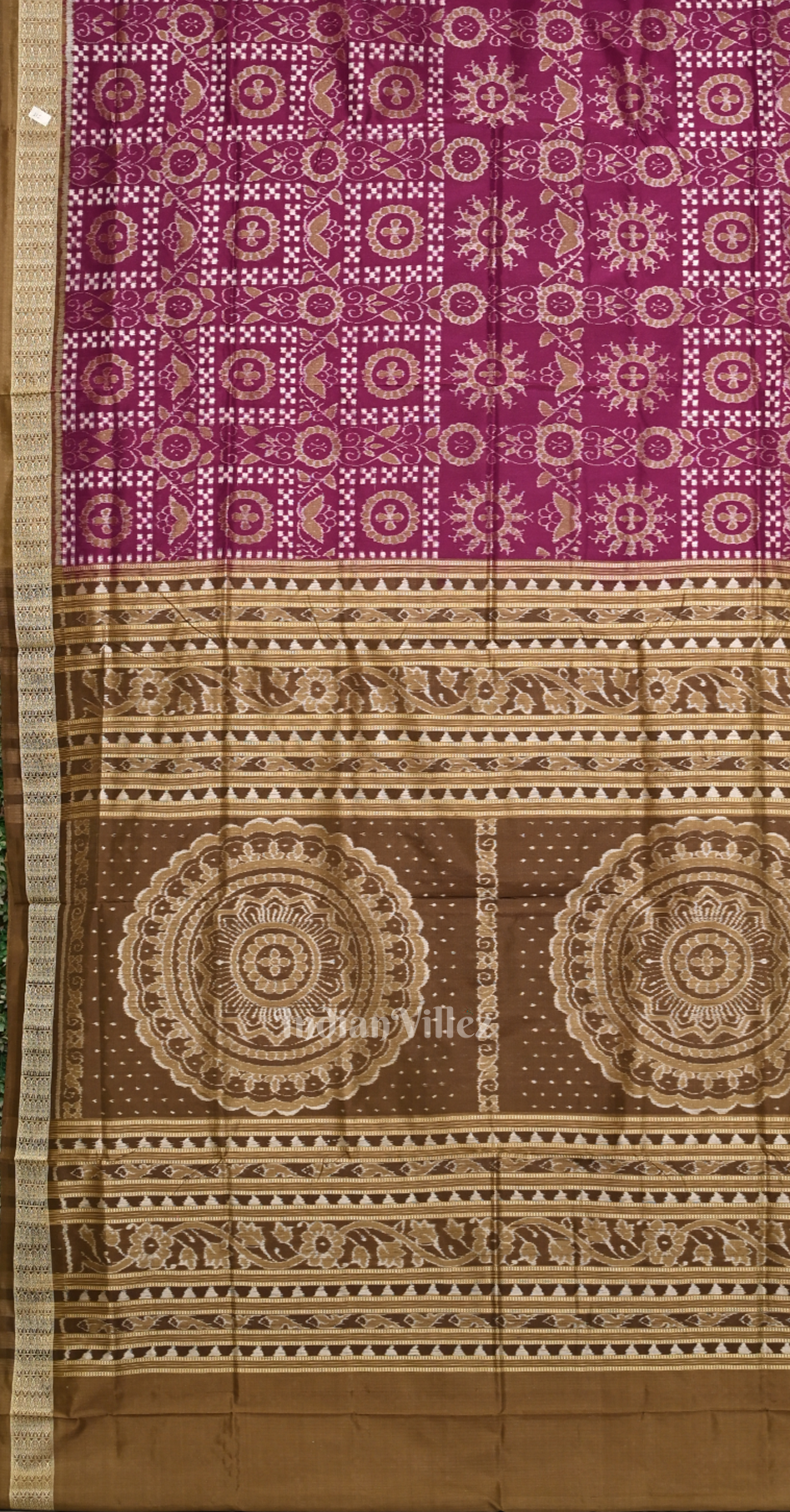 Magenta Pink Brown Pasapali Flower Motif Odisha Ikat Sambalpuri Silk Saree 