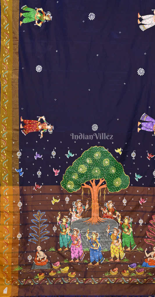 Blue Brown Radha Krishna Raas Hand-Painted Pattachitra Saree 