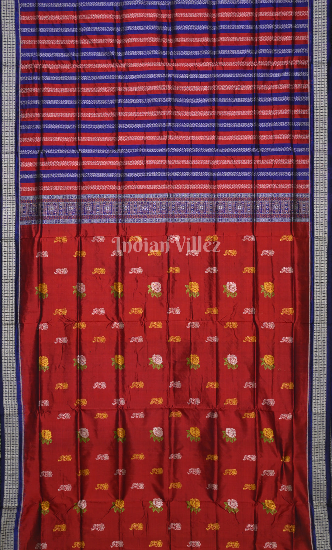 Red Blue Odisha Ikat Bomkai Sambalpuri Silk Saree with Doll Aanchal