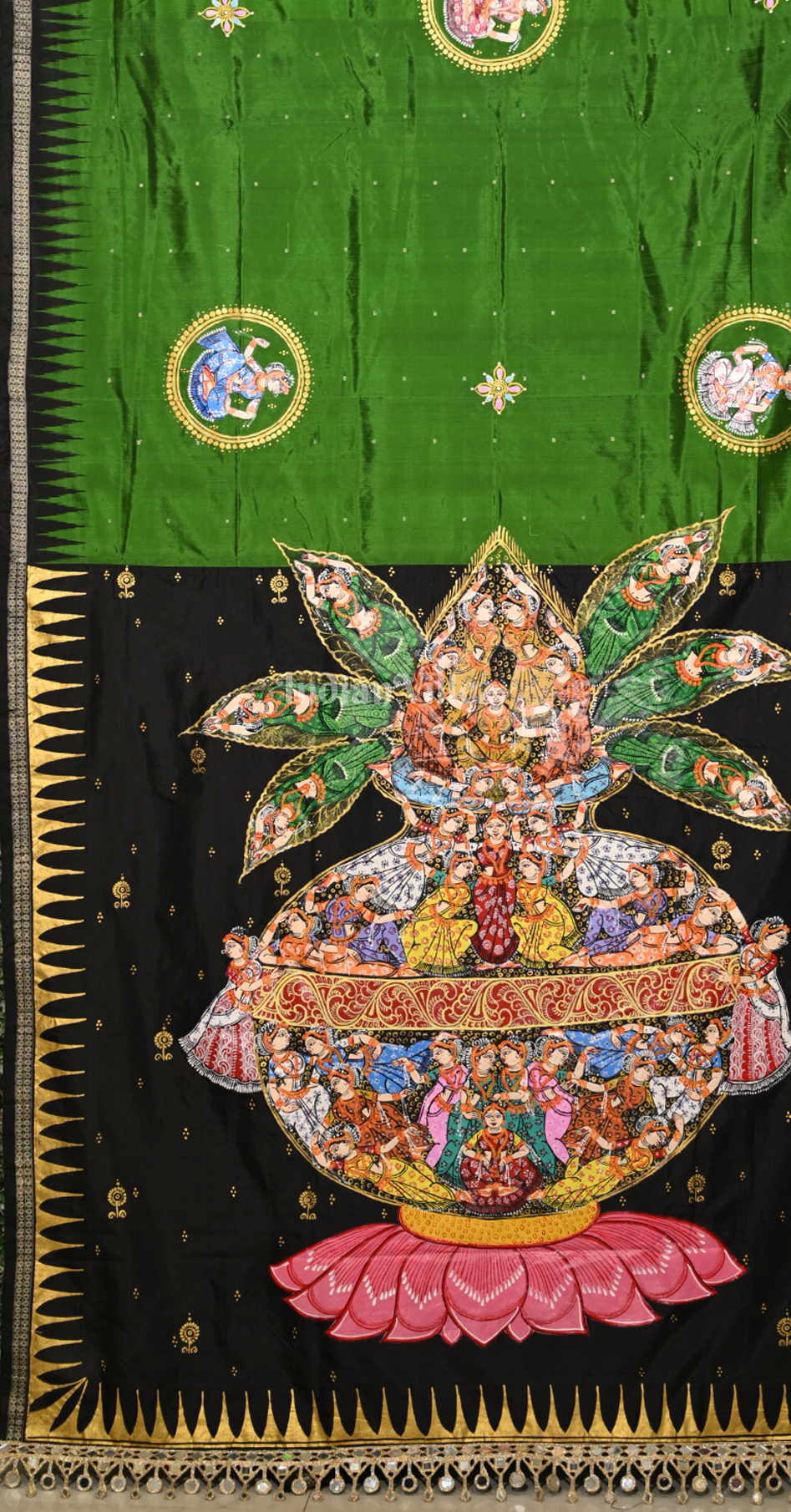 Green with Black Kandarpa Kalash Theme Hand-Painted Pattachitra Saree 