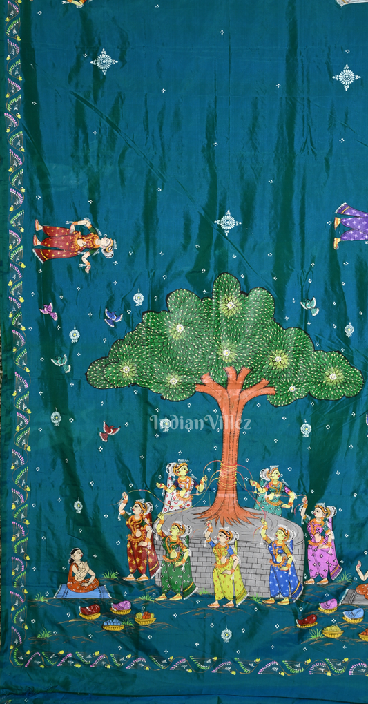 Sea Blue Vat Sabitri Theme Hand-Painted Pattachitra Saree