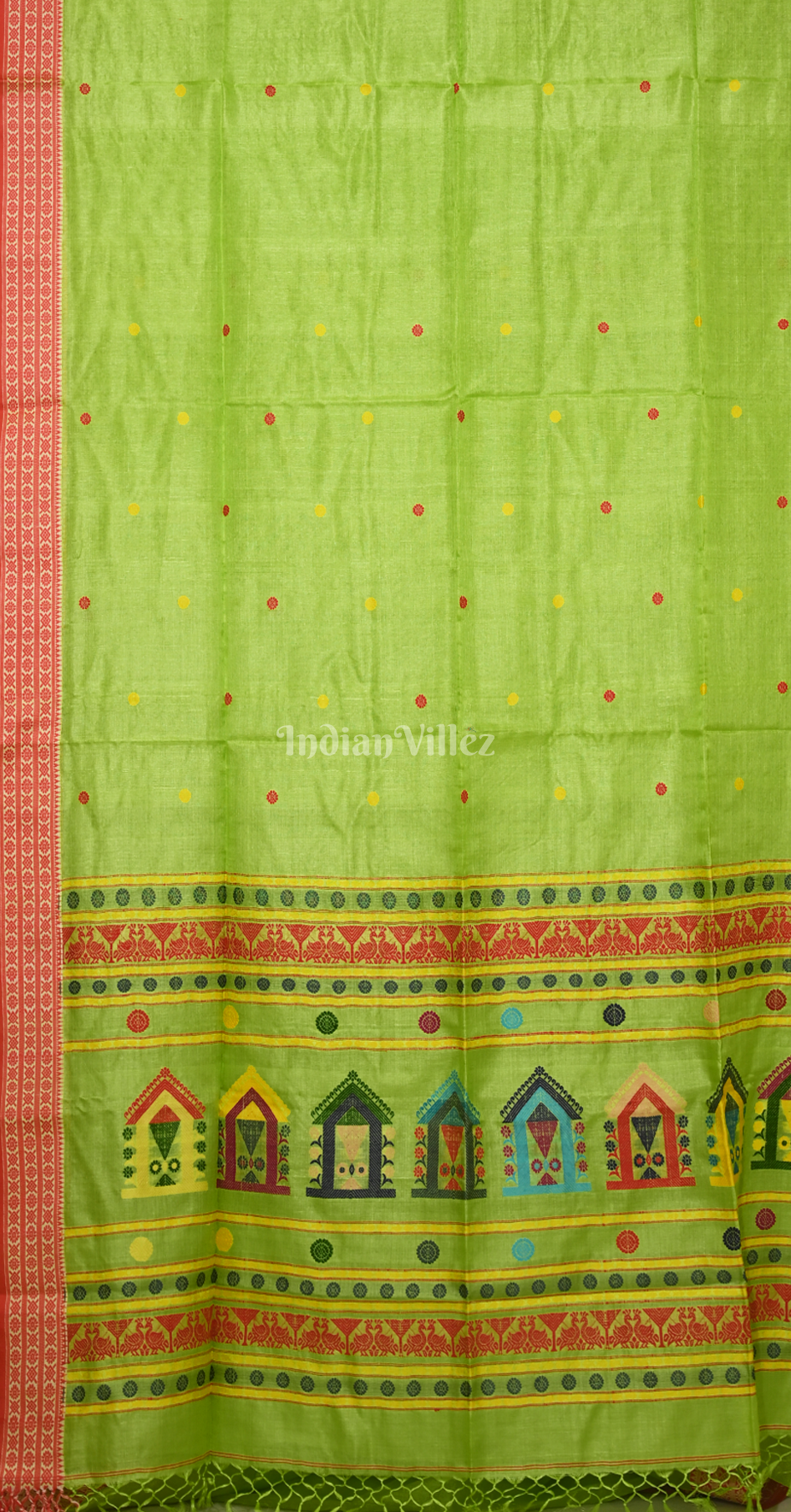 Parrot Green Red Buti Design Tussar Silk Jamdani Saree 