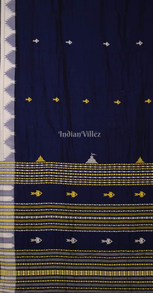 Navy Blue White Odisha Handloom Natural Dye Kotpad Cotton Saree