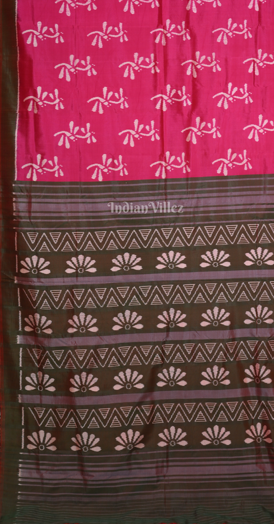Rani Pink Moss Green Odisha Ikat Contemporary Designer Silk Saree 