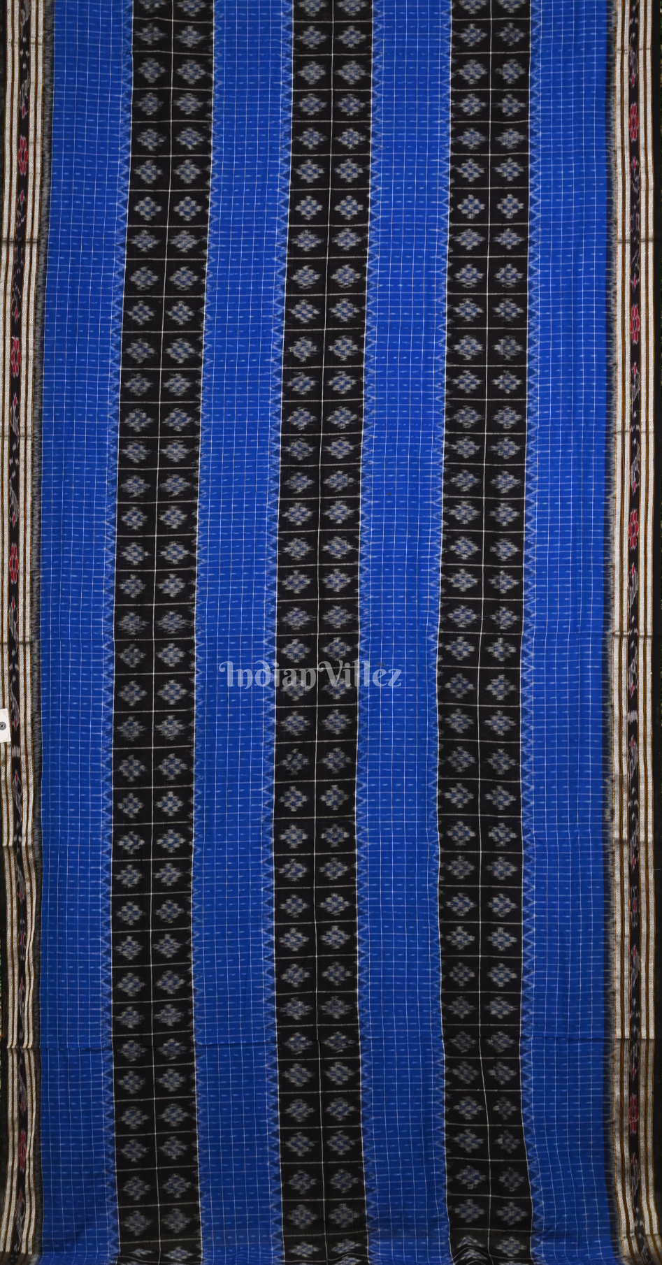 Blue Checks Black Middle Pasapali Odisha Ikat Sambalpuri Cotton Saree 
