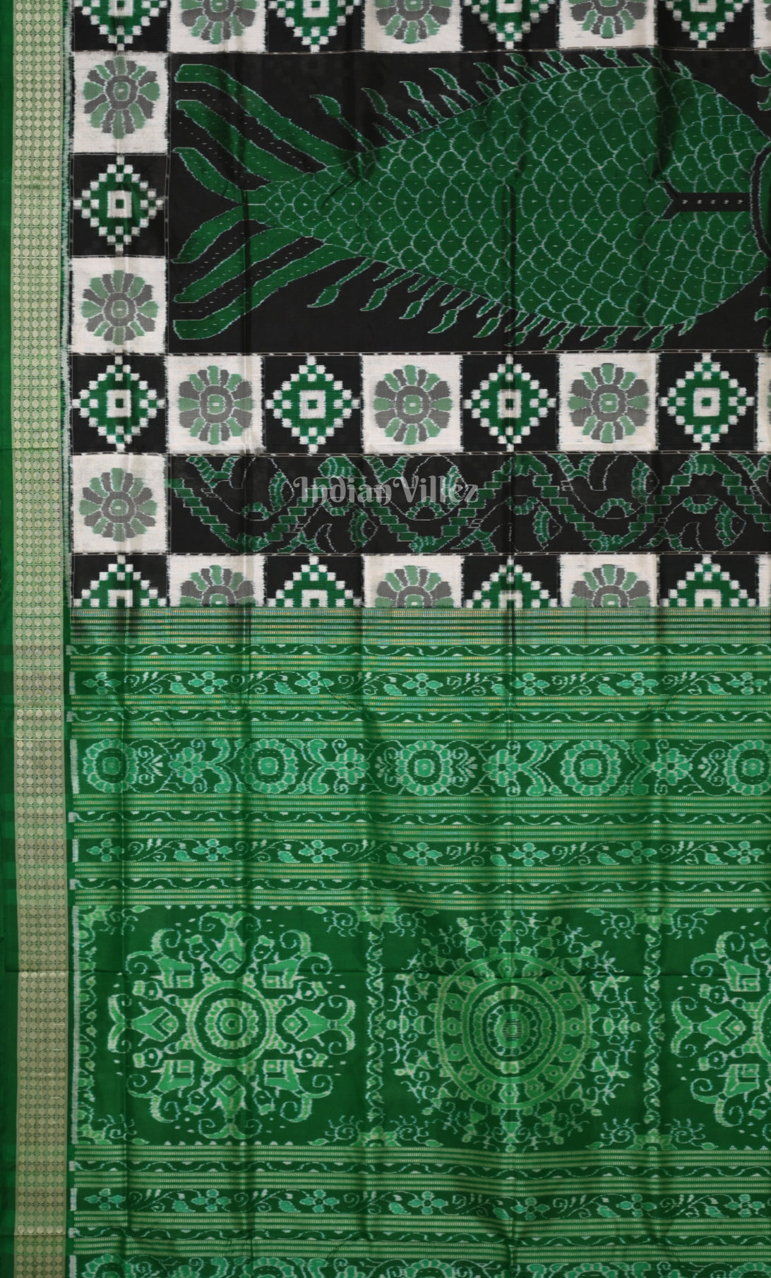 Black Green Fish Motif Odisha Ikat Sambalpuri Silk Saree