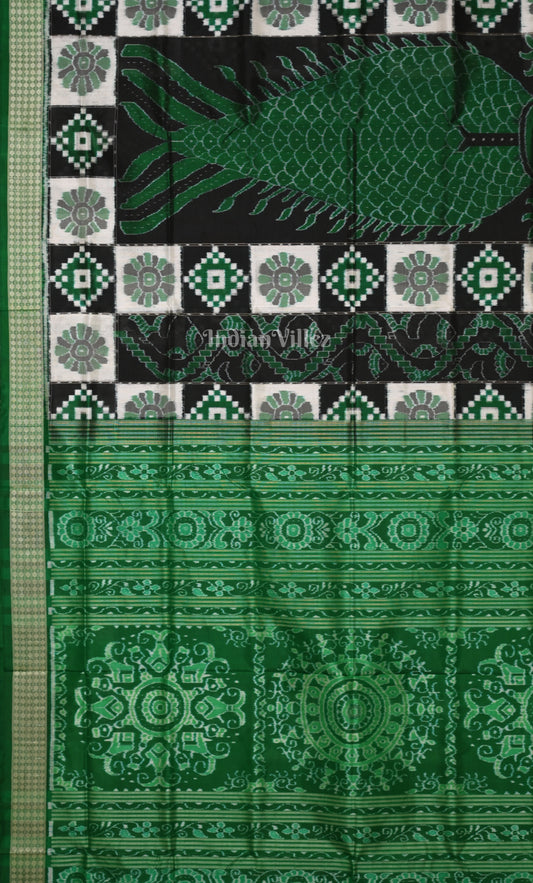 Black Green Fish Motif Odisha Ikat Sambalpuri Silk Saree