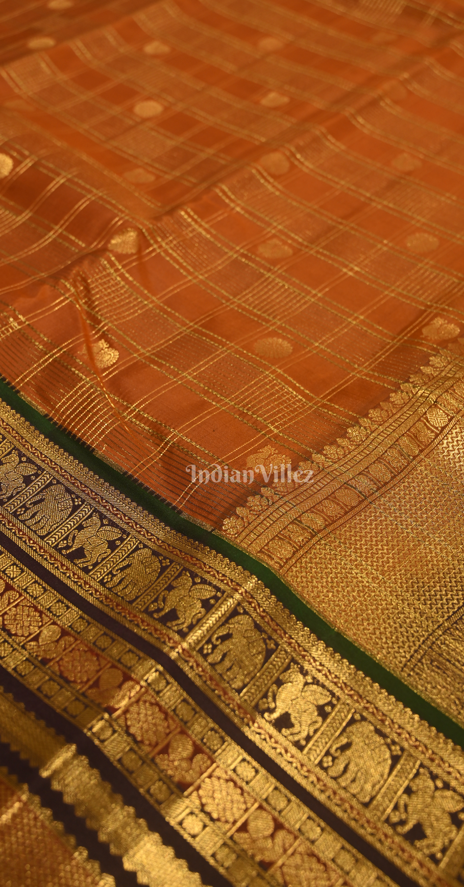 Rust Orange Coffee Check Butta Design Brocade Pure Kanjivaram Silk Saree 