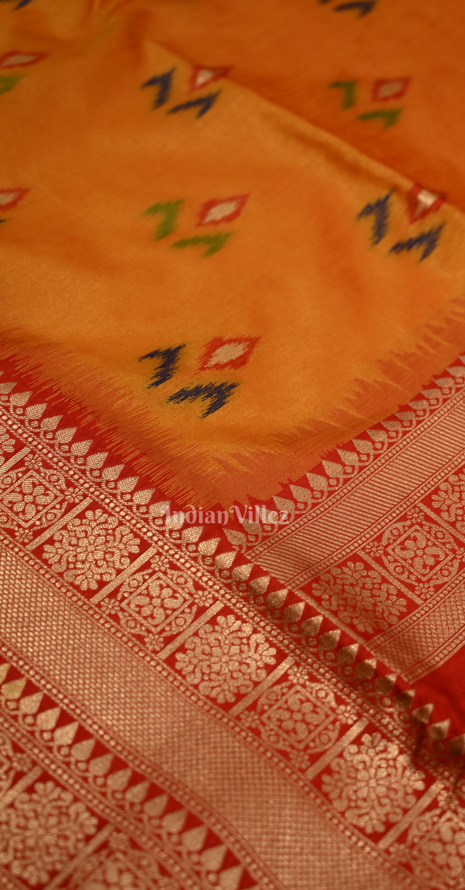 Mustard Yellow Red Ikat Saree with Zari Border Tussar Silk