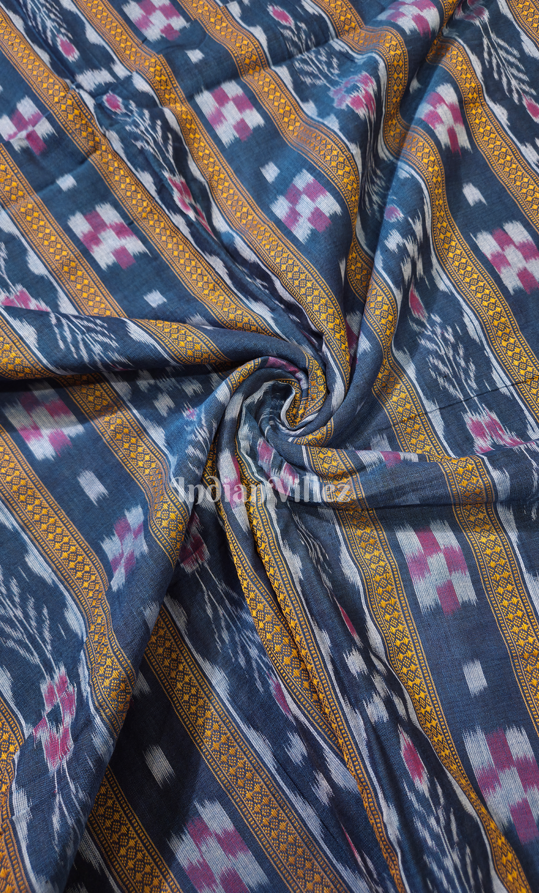 Blue Yellow Pasapali Flower Theme Odisha Ikat Sambalpuri Cotton Fabric 