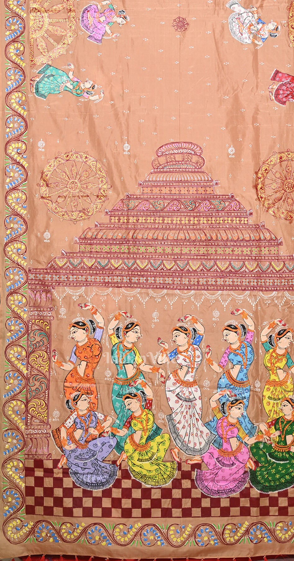Beige Red Nartaki Konark Temple Hand-Painted Pattachitra Saree 
