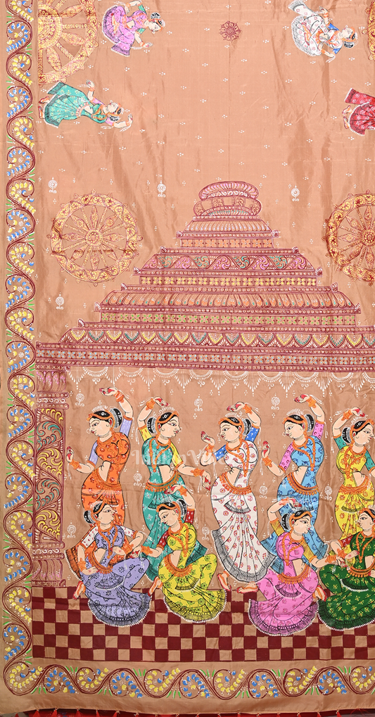 Beige Red Nartaki Konark Temple Hand-Painted Pattachitra Saree 
