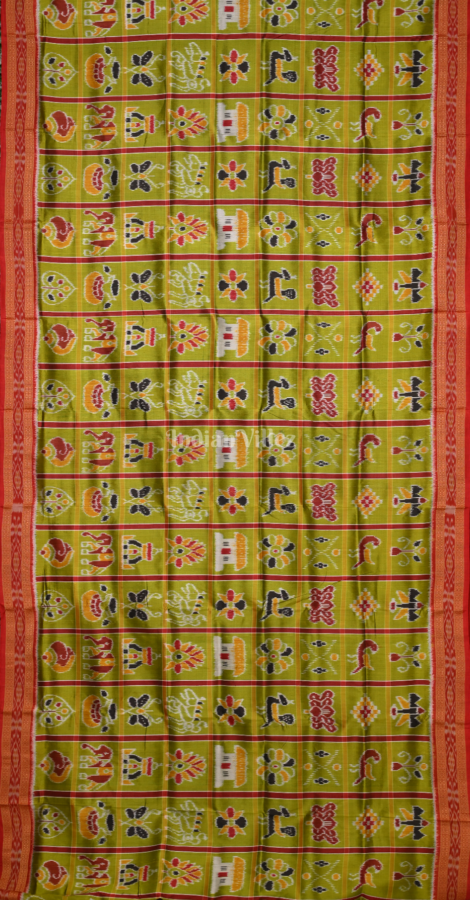 Olive Green Maroon Nabakothi Odisha Ikat Khandua Silk Saree 