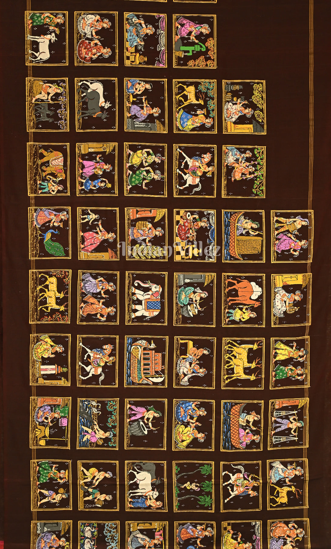 Maroon Red Village Theme Hand- Painted Pattachitra Saree