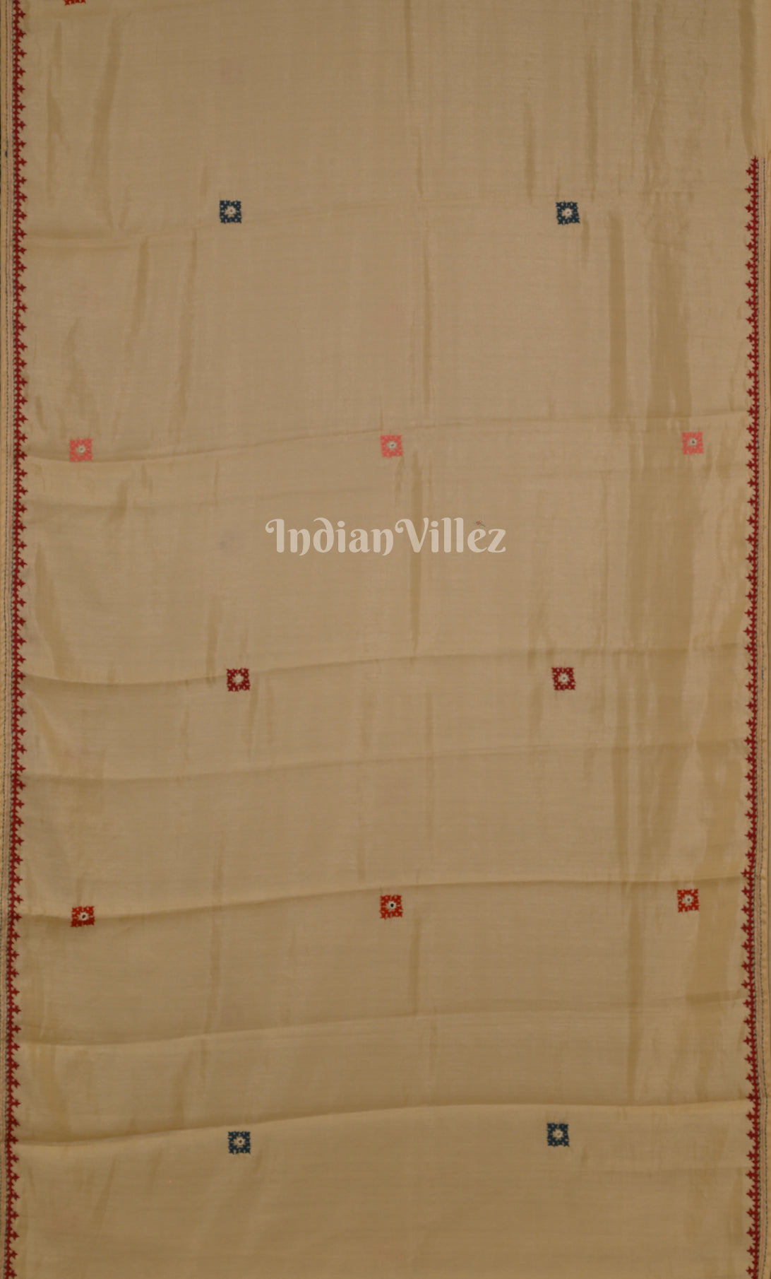 Cream Thread Work Hand Embroidery Kutch Work Silk Saree