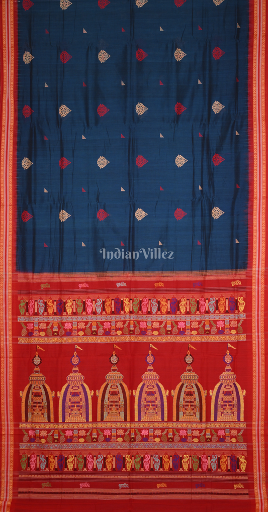 Blue Red Shree Mandir Theme Odisha Ikat Bomkai Cotton Saree 