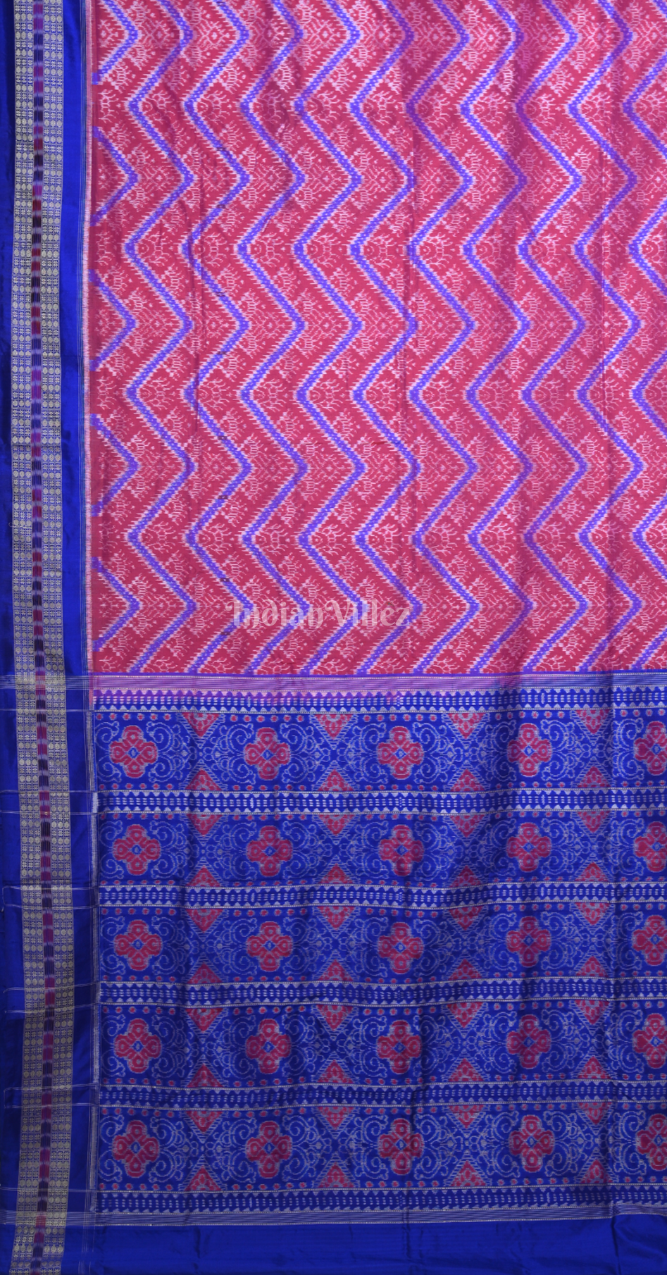 Red Blue Tribal Motif Odisha Ikat Sambalpuri Silk Saree with Double Blouse Piece