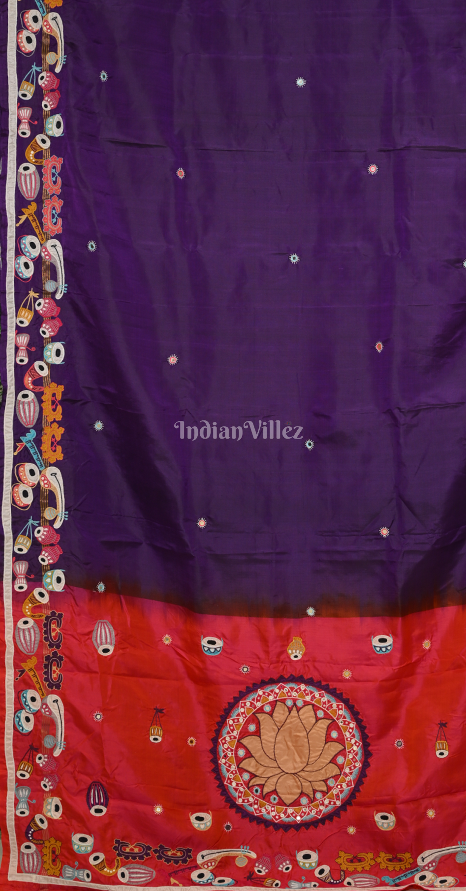 Purple Red Hand Embroidered Applique Work Saree 