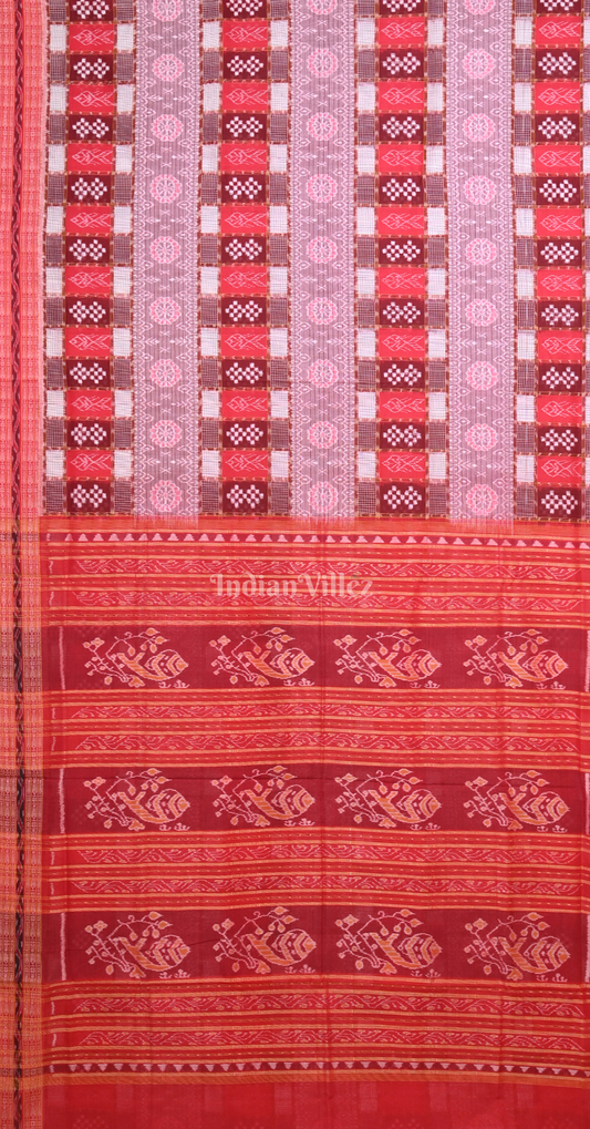 Red Maroon Pink Pasapali Triple Layer Odisha Ikat Sambalpuri Cotton Saree
