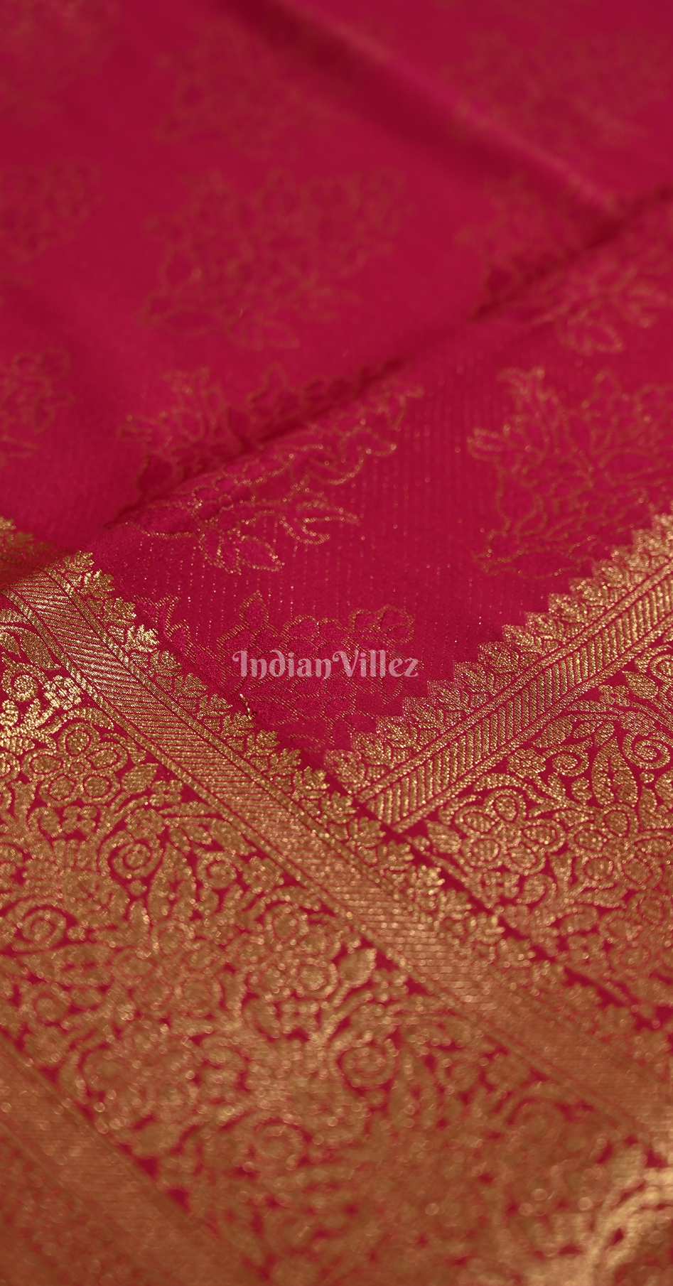 Rani Pink Golden Floral Motif Kanjivaram Georgette Saree 