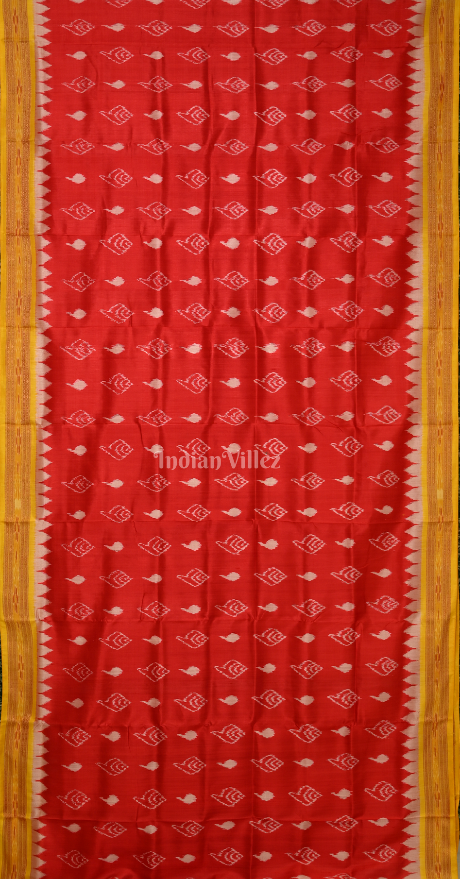 Red Yellow Sankha Motif Odisha Ikat Khandua Silk Saree with Pasapali Anchal