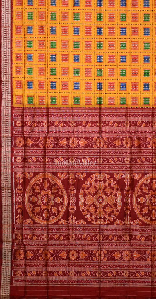 Mustard Yellow Maroon Ashwini Odisha Ikat Sambalpuri Silk Saree 