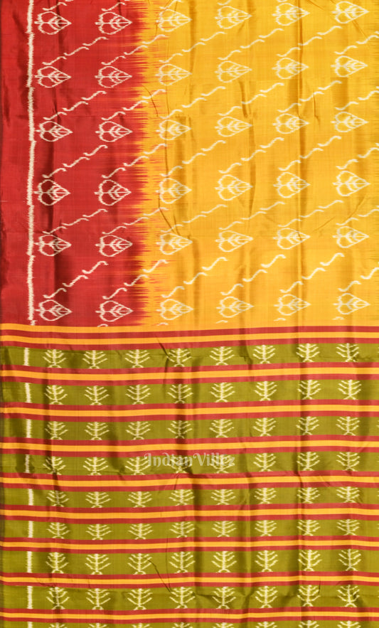 Mustard Yellow Red Odisha Ikat Contemporary Designer Silk Saree with Tribal Anchal