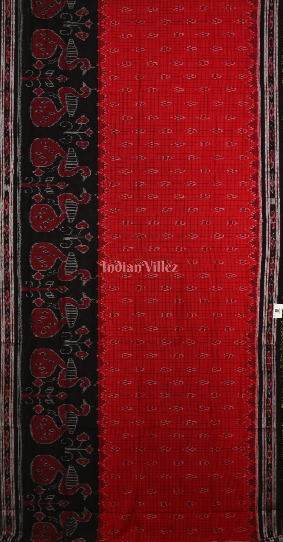 Red Black Peacock Scott Odisha Ikat Maniabandha Cotton Saree 