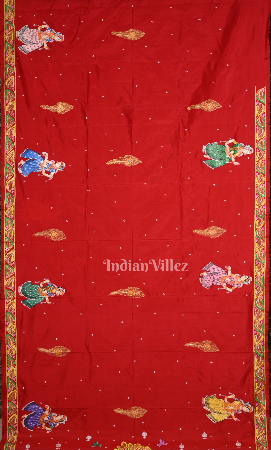  Red  Peacock (Mayur) & Nartaki Theme  Hand-Painted Pattachitra Saree