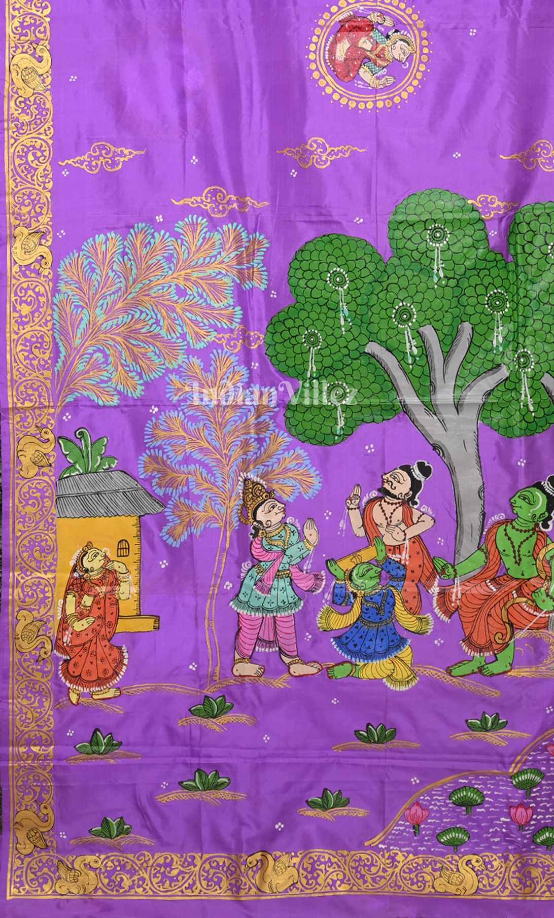 Lavender Ramayana Theme Hand-Painted Pattachitra Saree