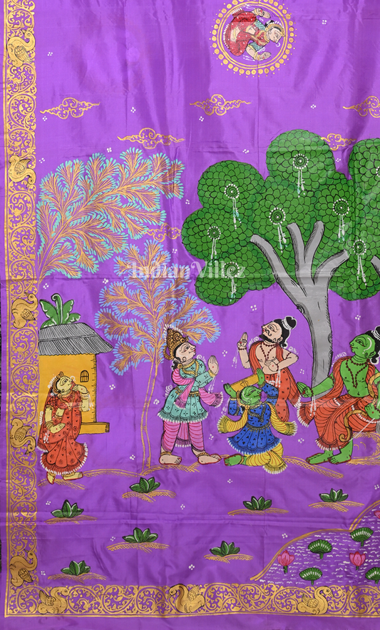 Lavender Ramayana Theme Hand-Painted Pattachitra Saree
