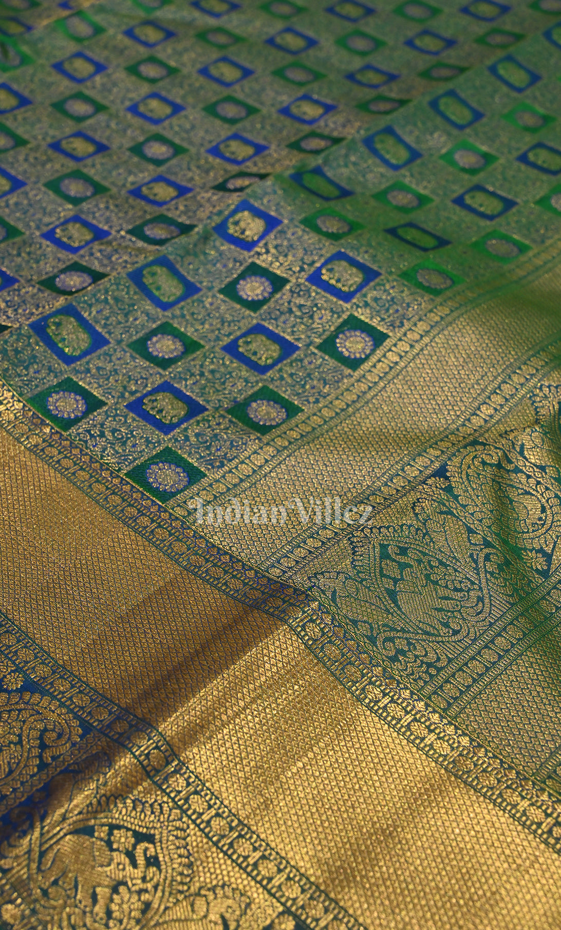 Blue Green Pure Kanjivaram Silk Saree with Zari Brocade