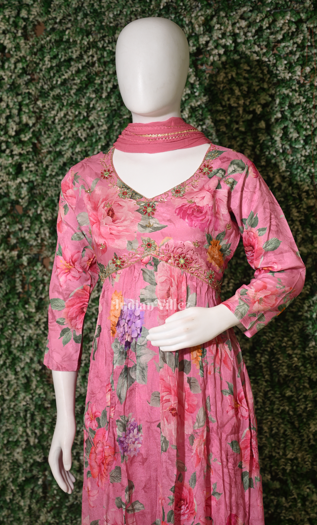 Baby Pink Floral Embroidered Alia Cut Kurta Plazzoo with Dupatta set 