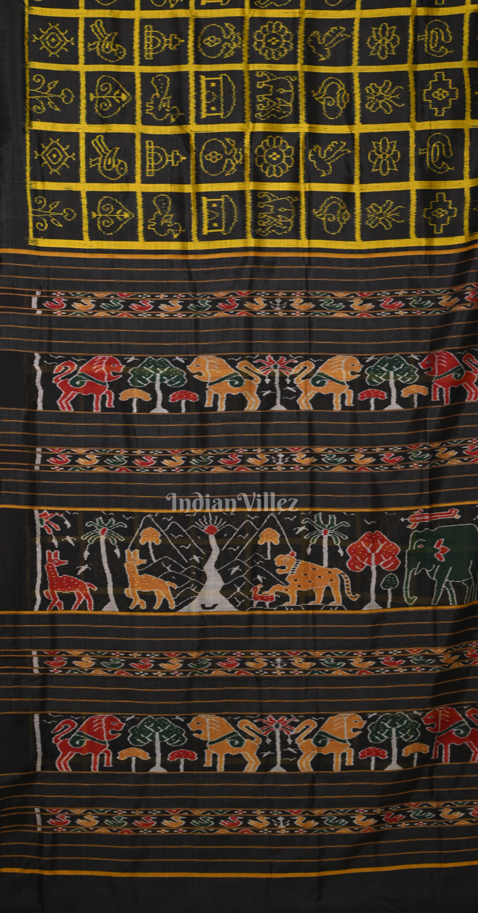 Black Yellow  Nabakothi Odisha Ikat Contemporary Designer Silk Saree with Jungle Anchal