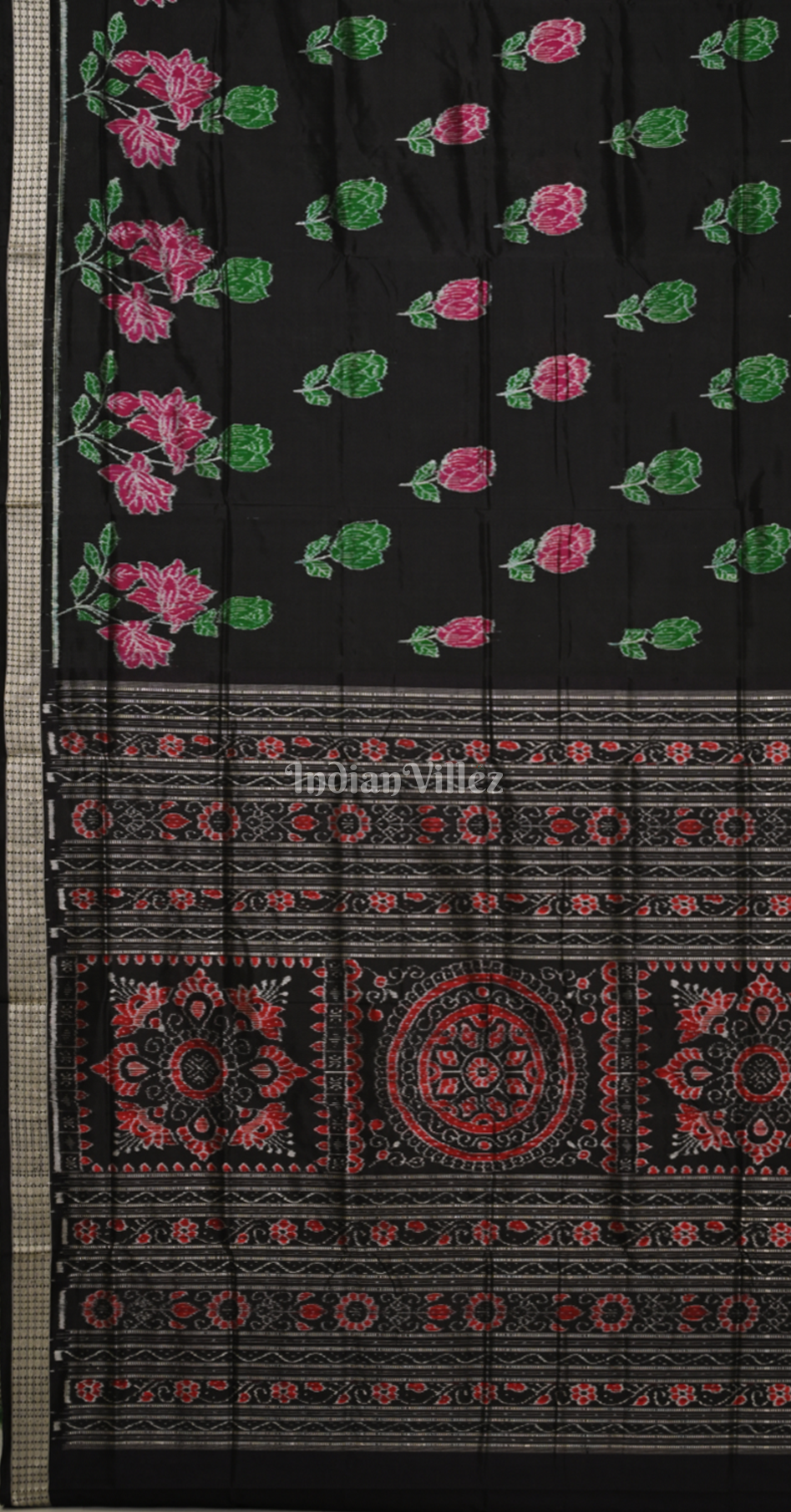 Black Rose Design Odisha Ikat Sambalpuri Silk Saree 